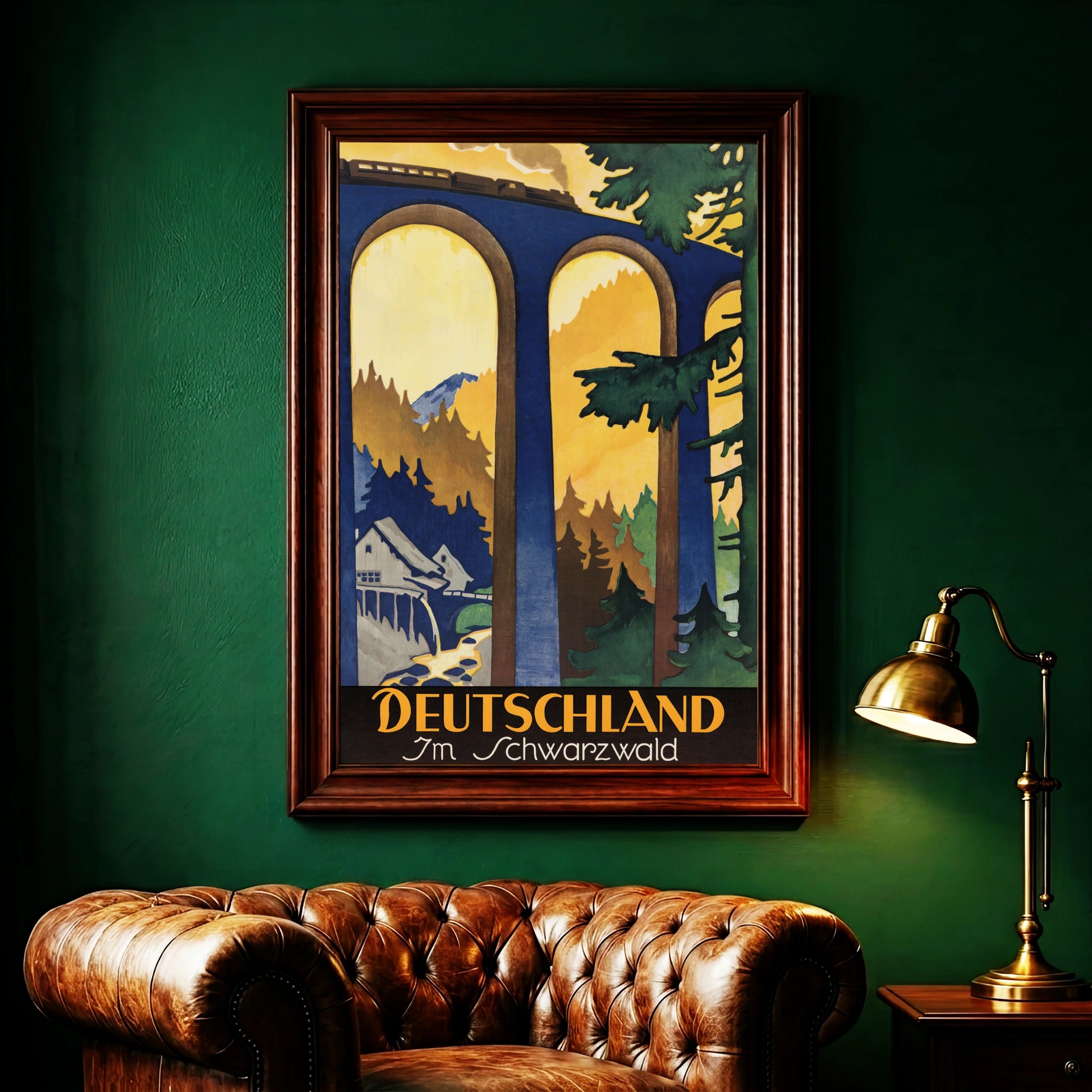 Kunstdruck von Willy Dzubas zeigt eine Schwarzwaldlandschaft mit Tannen und Bergen in Ocker und Blau.
