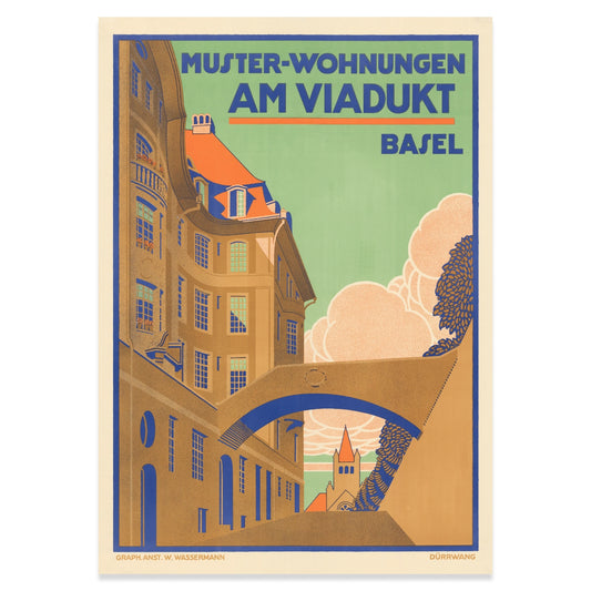 Poster-Reproduktion Basel 1912 mit Ansicht der Muster-Wohnungen und Kirchenspitze im Hintergrund.