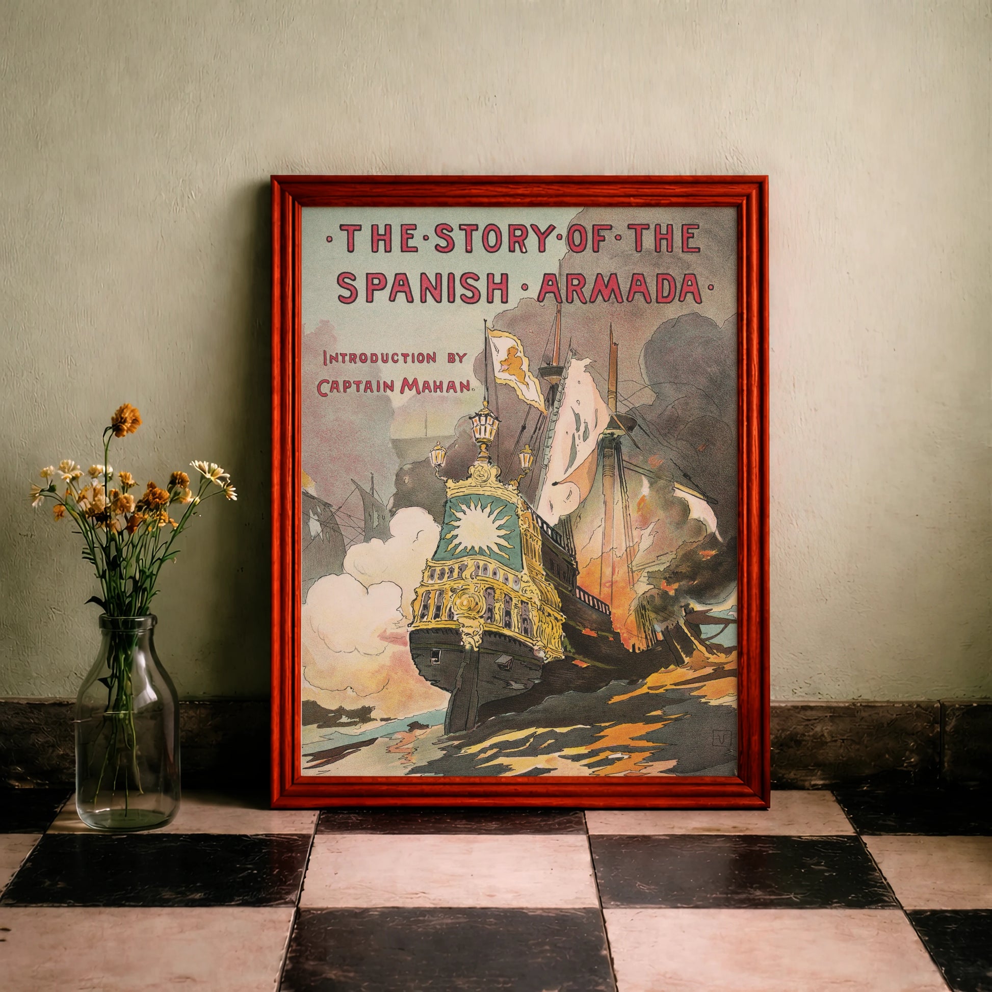Historisches Plakat 'The Story of the Spanish Armada' mit dramatischer Darstellung von Kriegsschiffen.