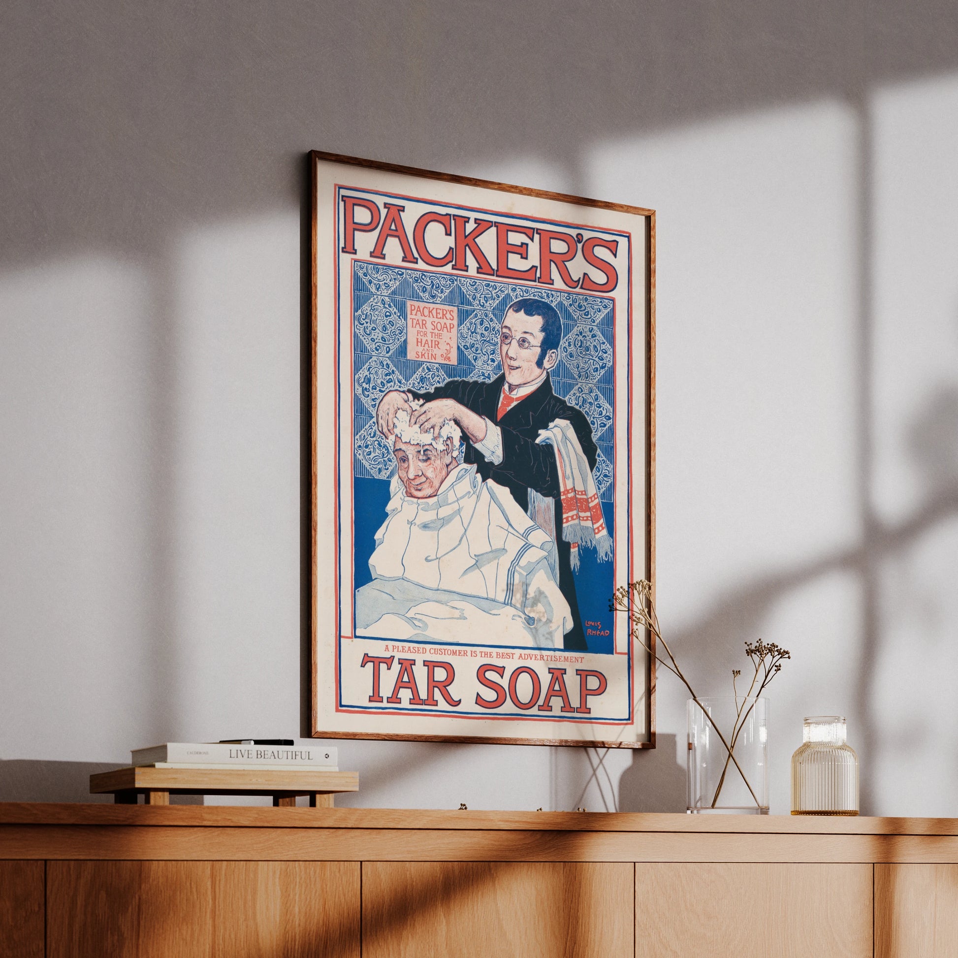 Illustration eines Barbiers, der einen Kunden einseift, in blau-rotem Grafikstil.
