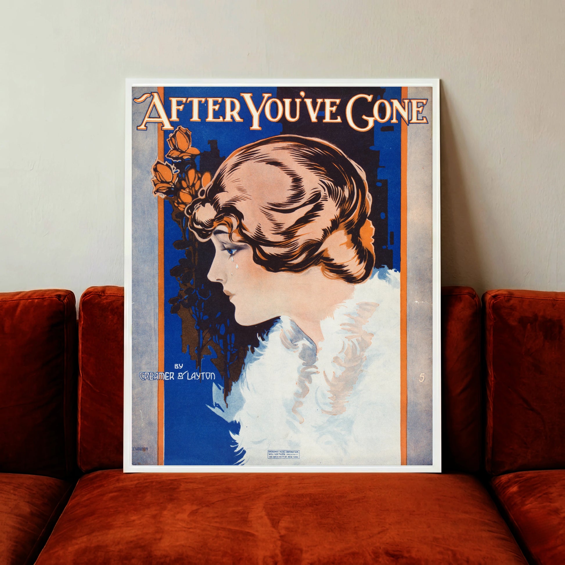 Klassisches Notenblatt-Cover Design von 1918 in Blau, Orange und Weiß.