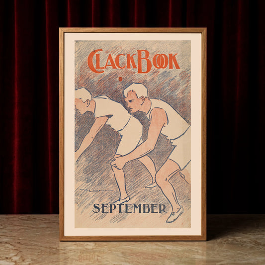 Historisches Clack-Book Poster vom September 1890 mit zwei Athleten in Startposition.