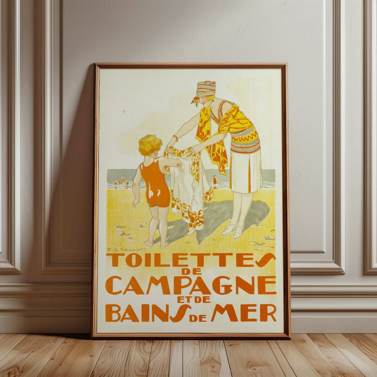 Französisches Vintage Poster Toilettes de Campagne et de Bains de Mer in warmen Gelbtönen.