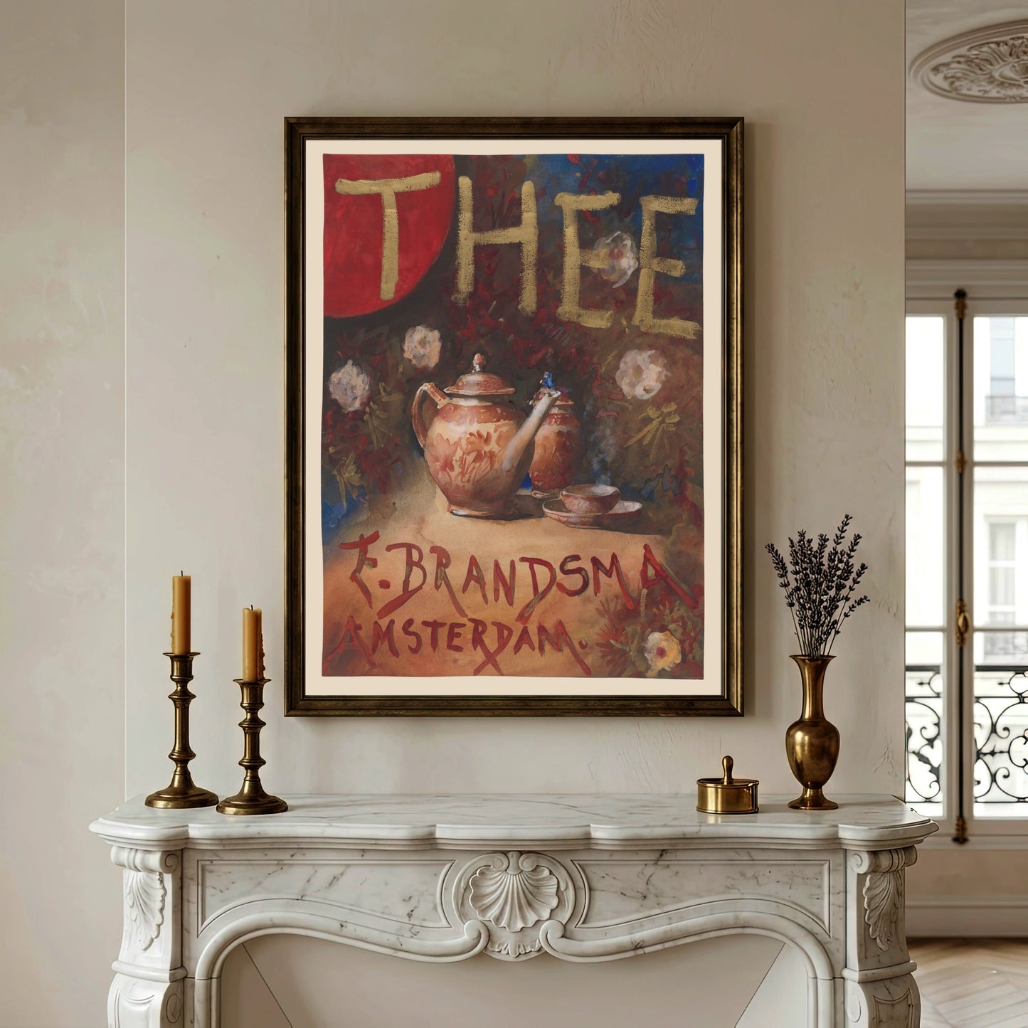 Historisches Werbeplakat für Tee aus Amsterdam mit roten und goldenen Akzenten.