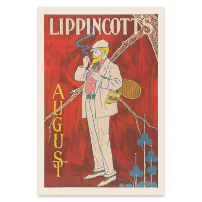 Stilisiertes Jugendstil Poster mit einem Tennisschläger und blauen Pflanzenakzenten.