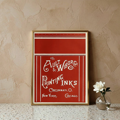 Rotes Grafikposter mit weißer geschwungener Schrift für Ault und Wiborg Cincinnati New York Chicago.