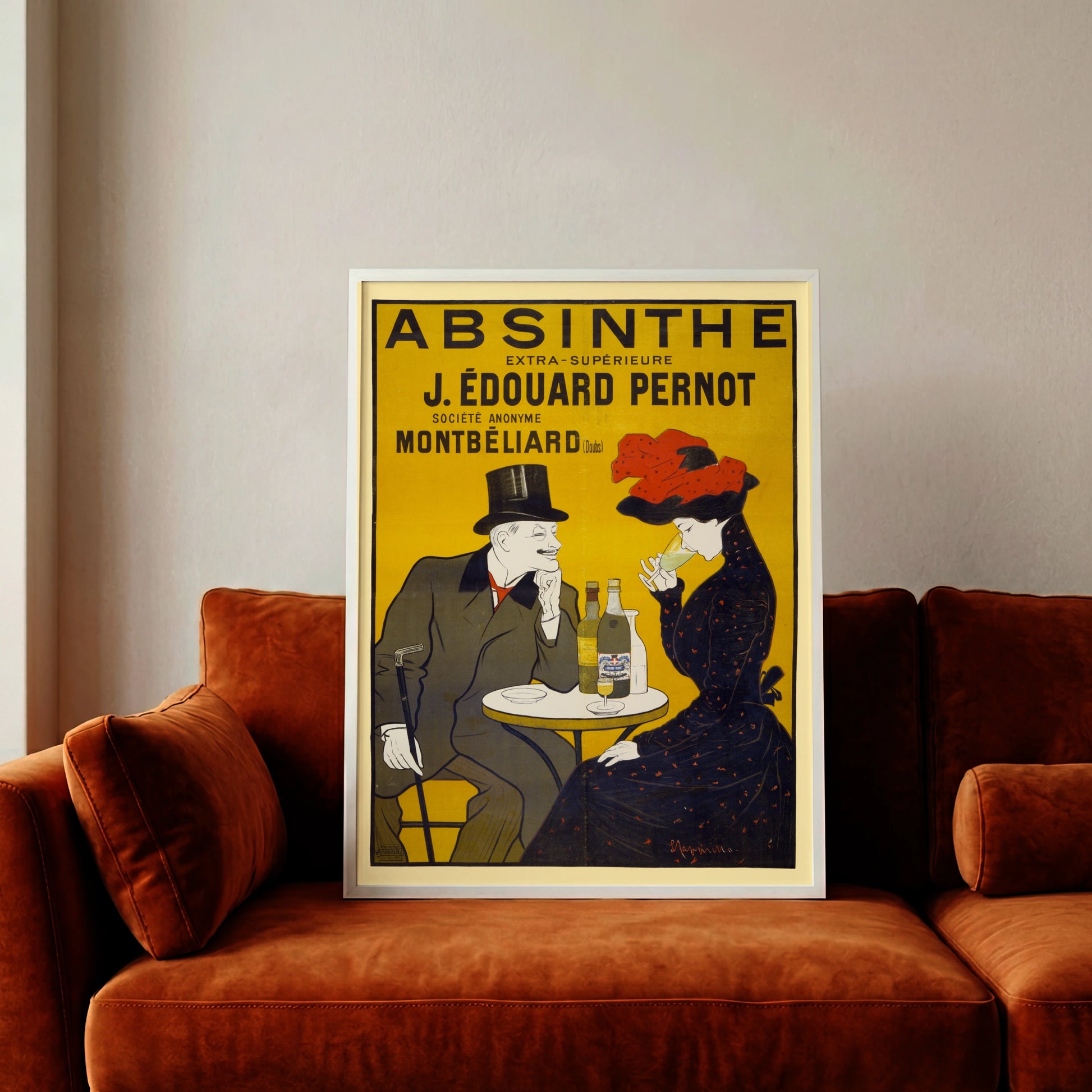Detaillierte Illustration eines Paares beim Absinth-Trinken im Stil der Belle Époque.