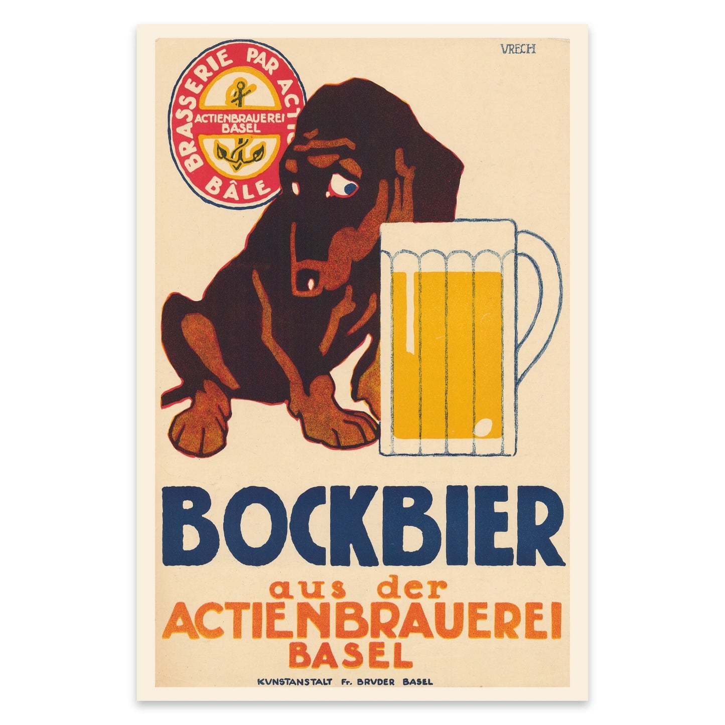 Grafisches Vintage Poster im frühen Schweizer Stil mit Hundemotiv und Typografie.