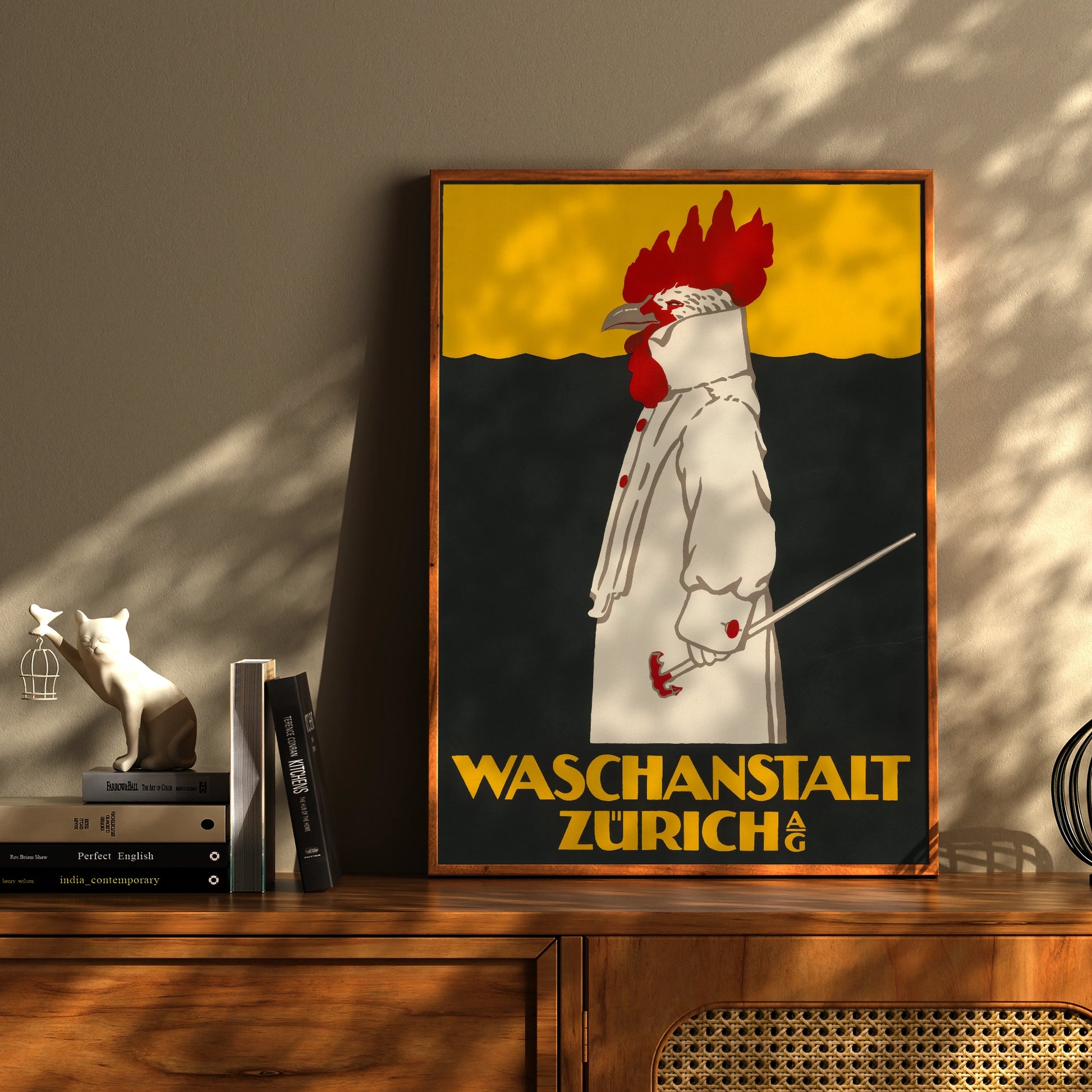 Illustration eines Hahns in feiner Kleidung vor schwarzem Hintergrund, Plakat von Robert Hardmeyer.