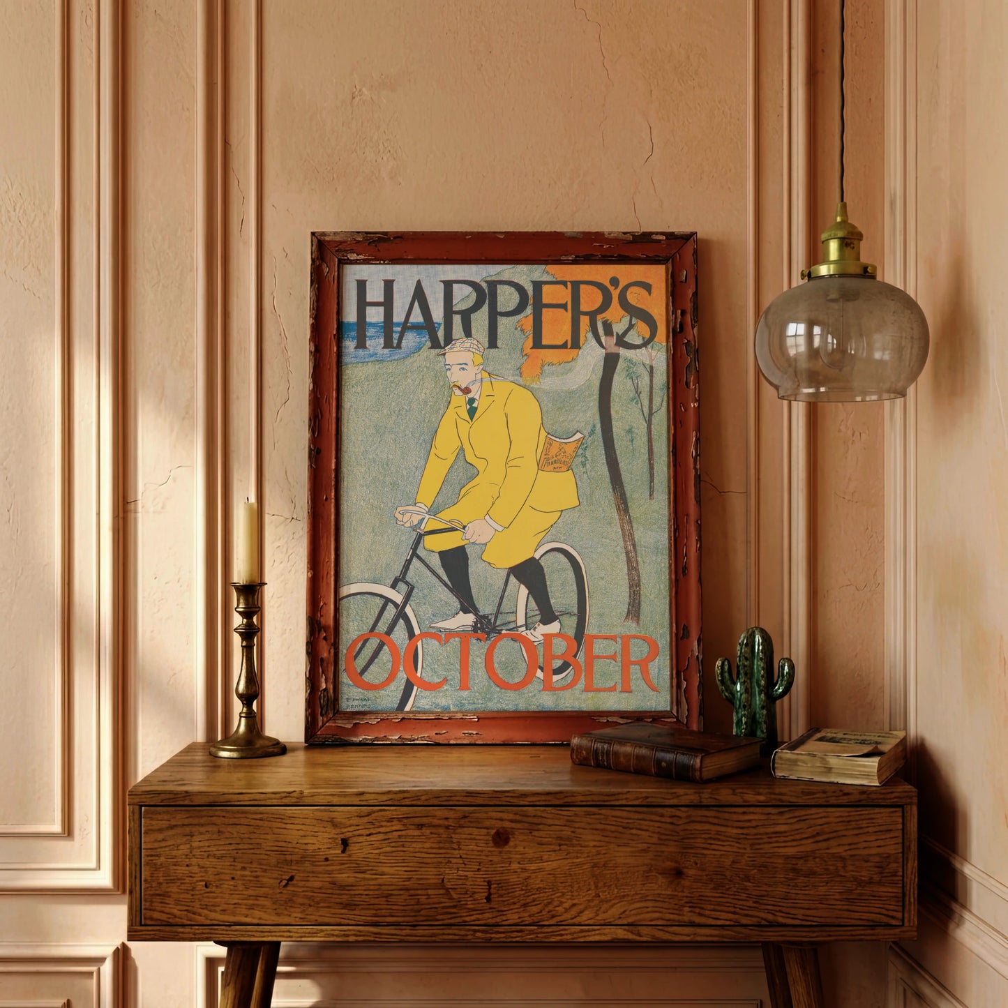 Nahaufnahme der Typografie 'Harper’s' und 'October' auf einem historischen Werbeplakat.