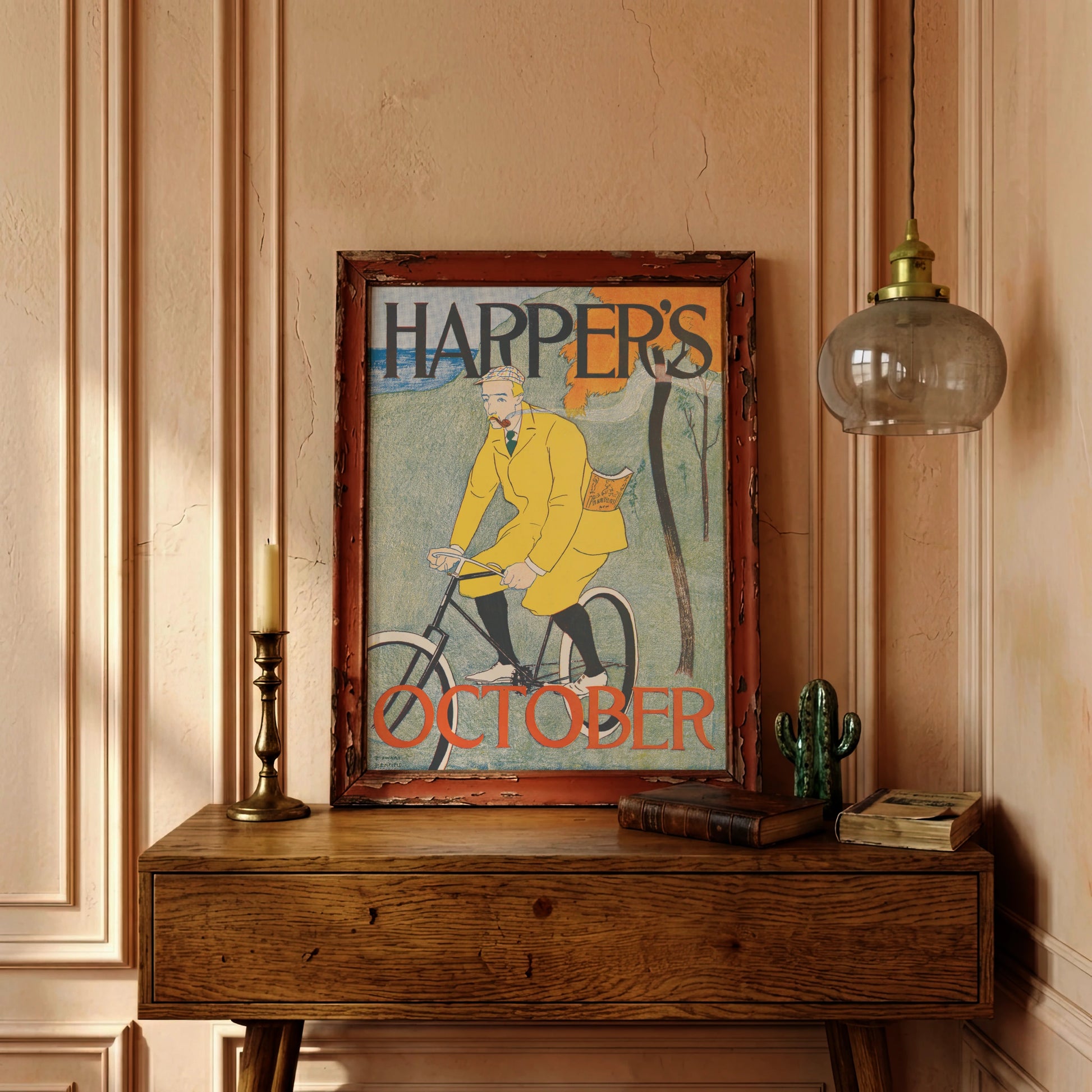 Nahaufnahme der Typografie 'Harper’s' und 'October' auf einem historischen Werbeplakat.