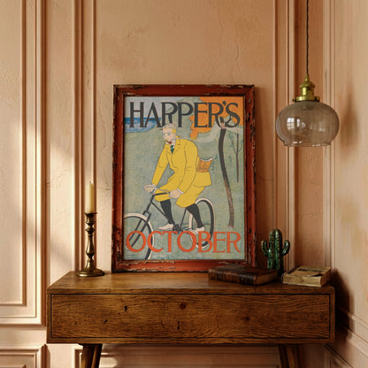 Nahaufnahme der Typografie 'Harper’s' und 'October' auf einem historischen Werbeplakat.