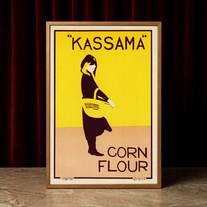 Minimalistische Grafik einer Frau mit gelbem Korb für Kassama Maismehl aus dem Jahr 1900.