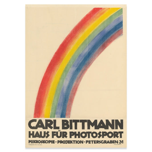 Kunstdruck eines Regenbogen-Motivs mit markanter serifenloser Schrift der Basler Moderne.