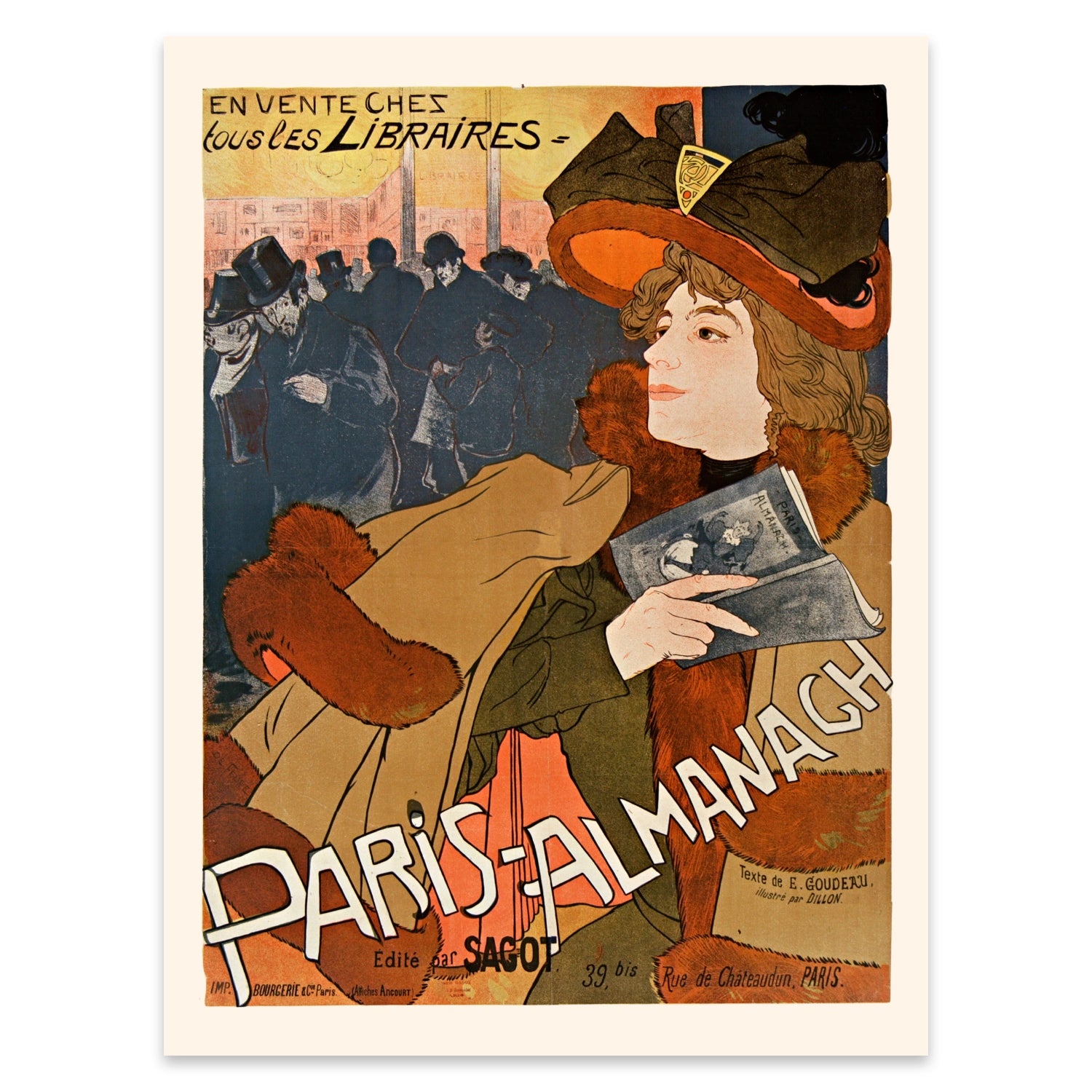 Pariser Straßenszene im Hintergrund eines klassischen Jugendstil-Werbeplakats.
