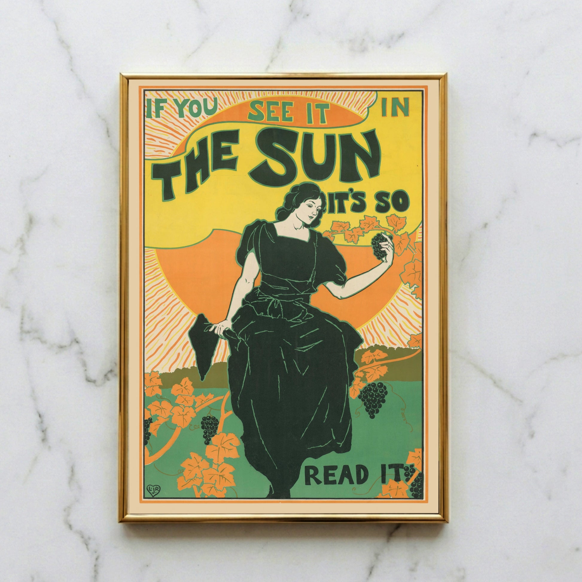Illustration einer Frau in grünem Kleid die Weintrauben hält, Art Nouveau Stil.