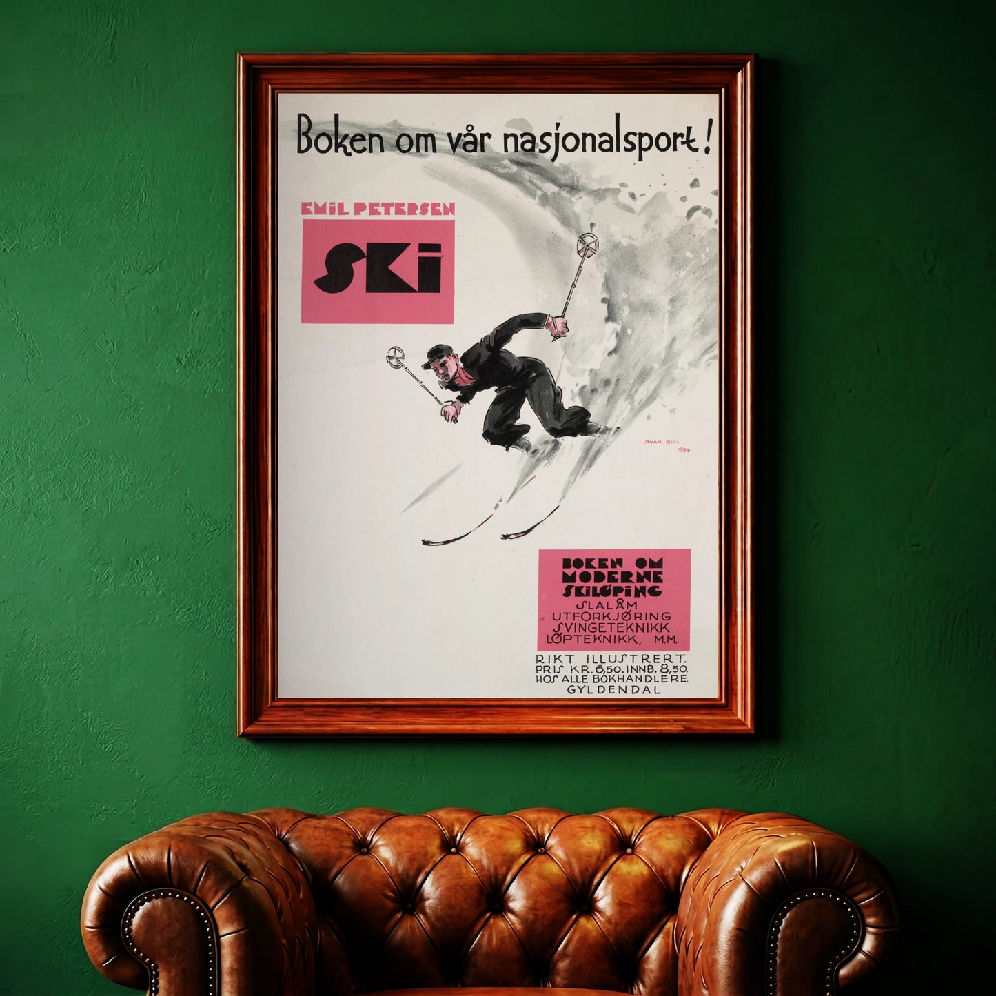 Retro Grafik-Design eines Skifahrers aus dem Jahr 1934.