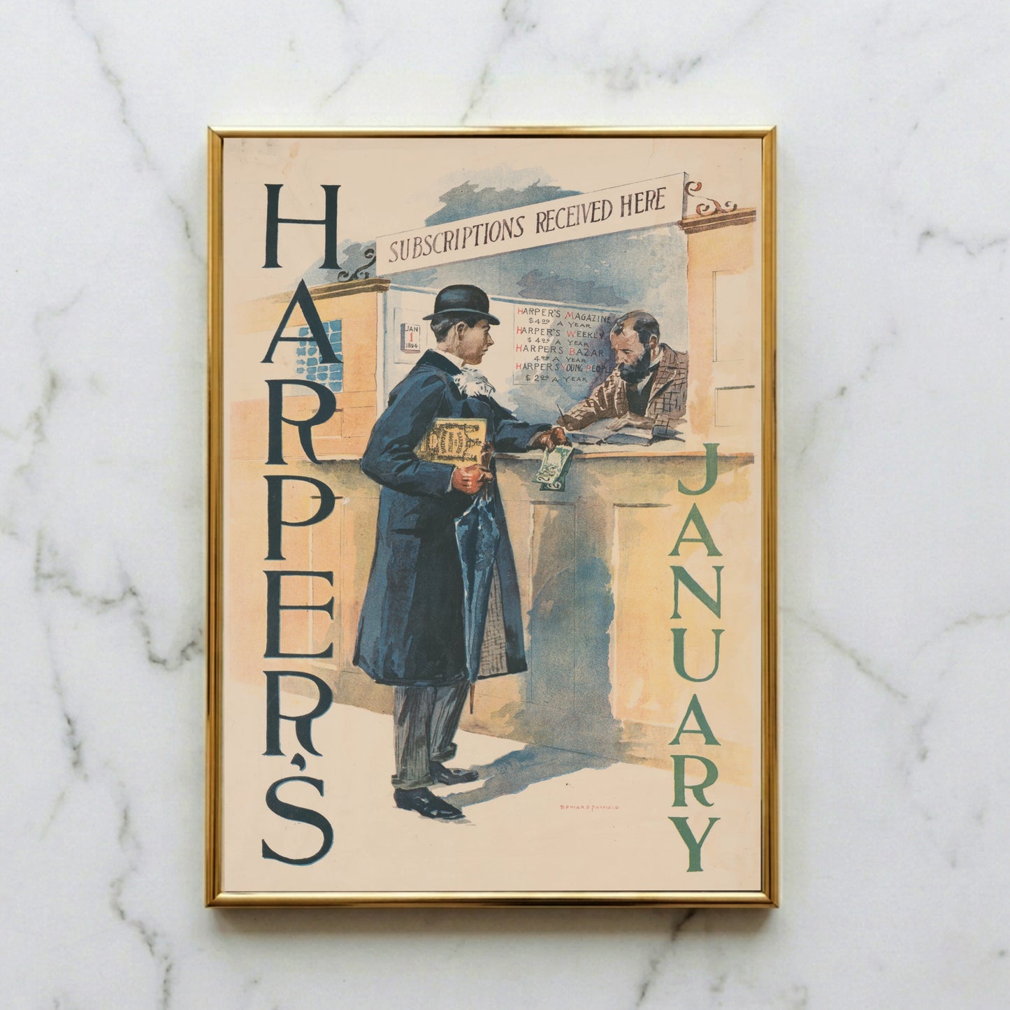 Historische Farblithografie von Edward Penfield mit der Aufschrift Harper's January.