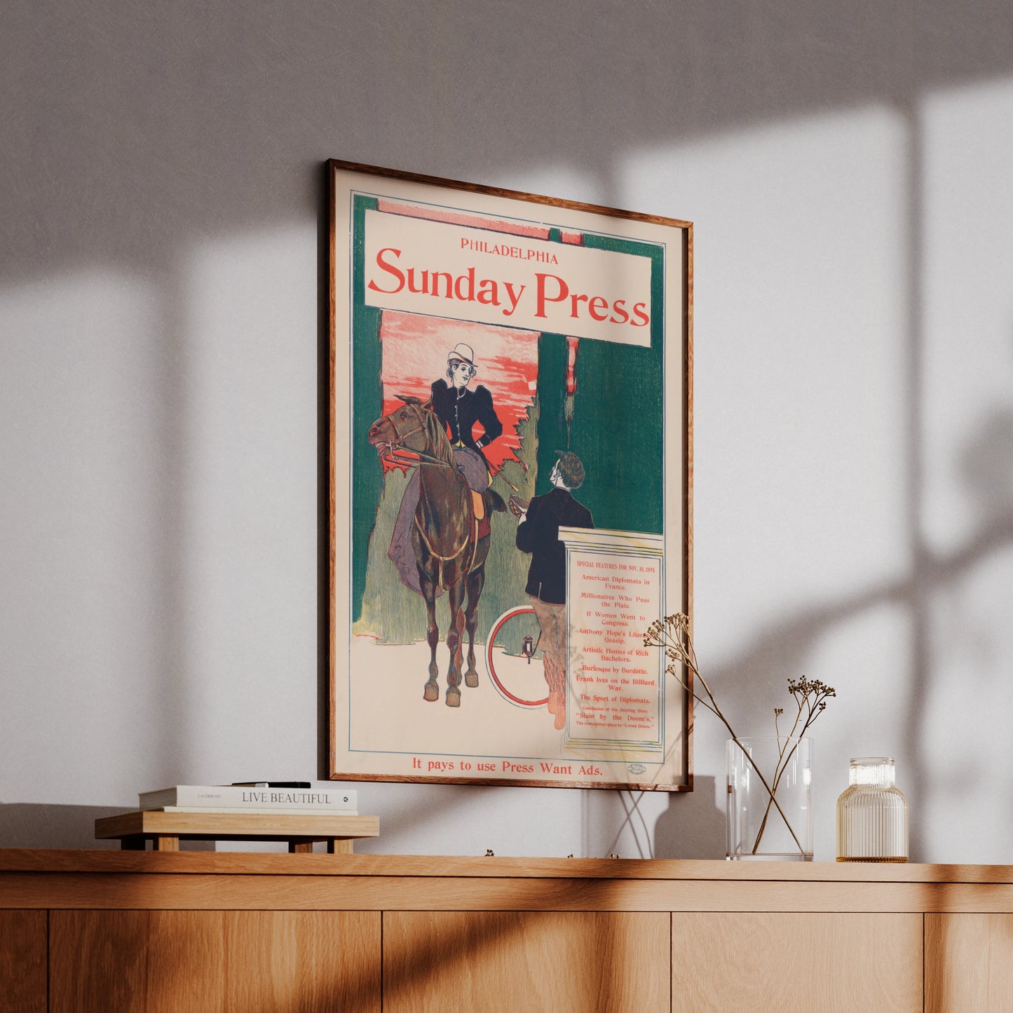 Vintage Poster von George Reiter Brill mit Reiterin, einem Mann am Fahrrad und roten Textakzenten.