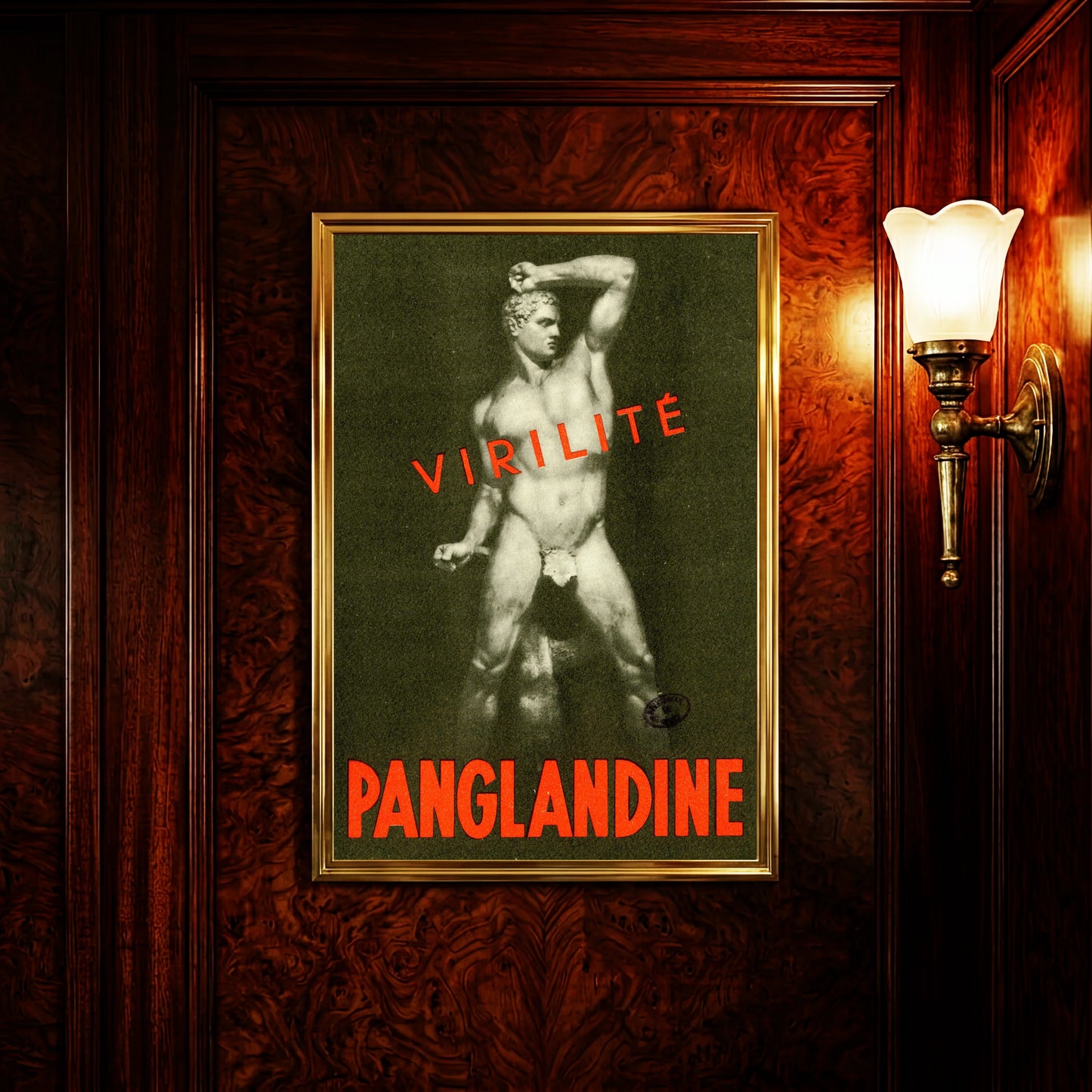 Grafisches Plakat für Panglandine mit dem Schriftzug Virilité in Rot.