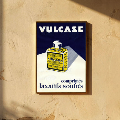 Vintage Werbegrafik für Vulcase Tabletten mit gelber Flasche auf blauem Grund.