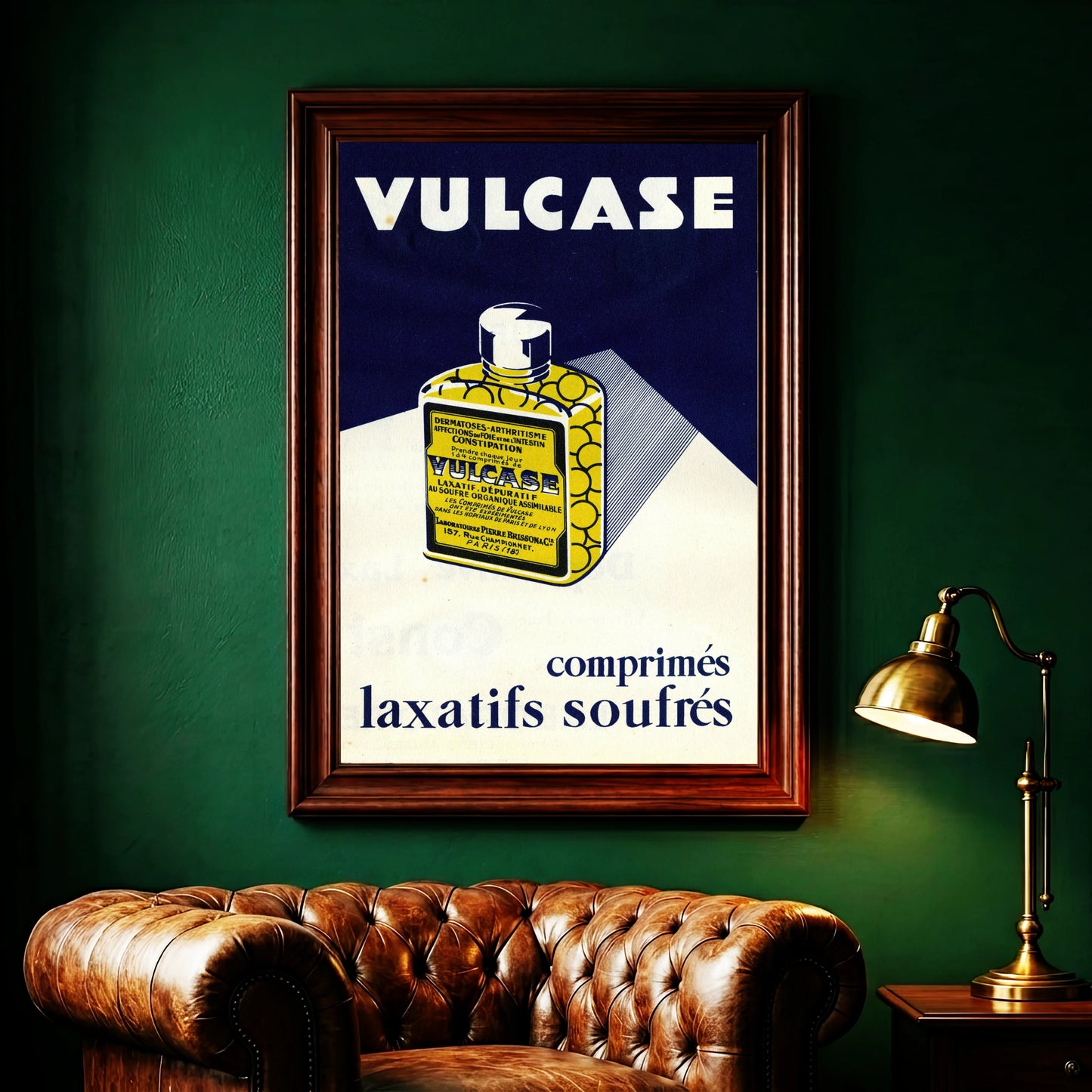 Französisches Plakat Comprimés Laxatifs Soufrés im grafischen Retro-Stil.