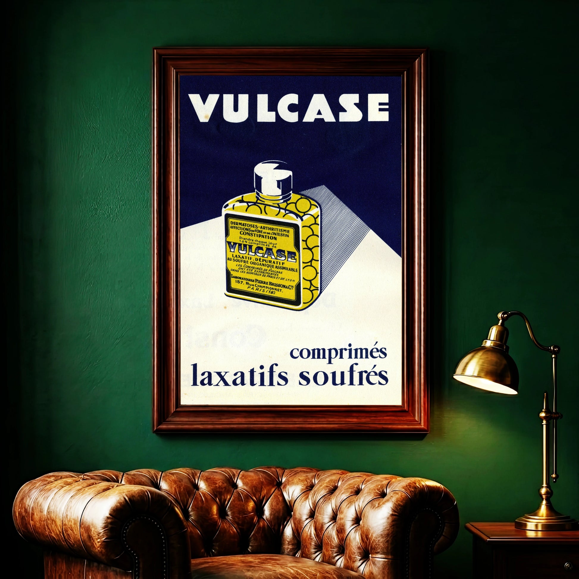Französisches Plakat Comprimés Laxatifs Soufrés im grafischen Retro-Stil.