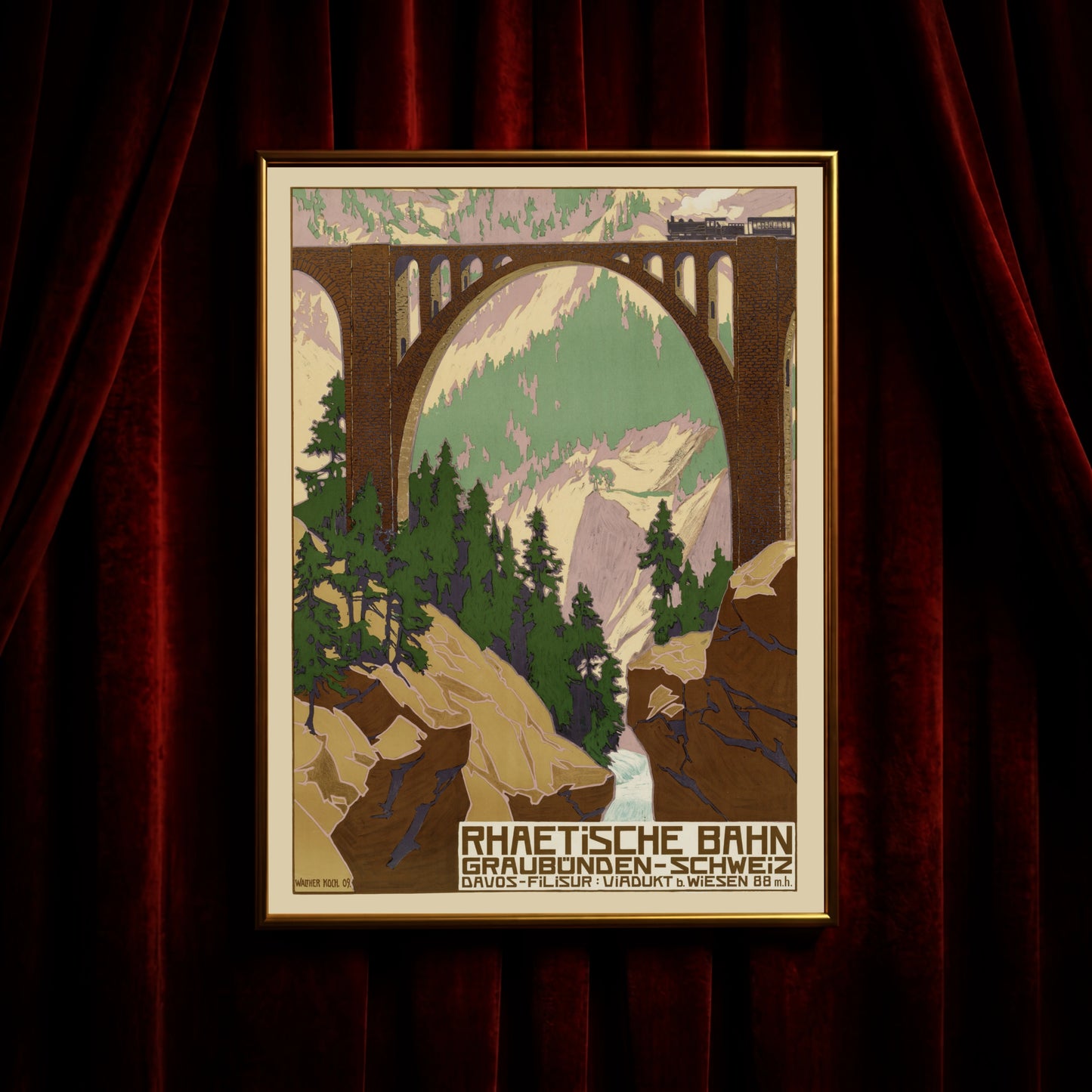 Grafisches Vintage Poster mit Berglandschaft, Tannen und historischem Eisenbahn-Viadukt.