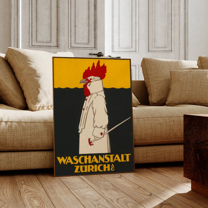 Vintage Poster Waschanstalt Zürich AG von 1904 mit einem Hahn in weißem Mantel.