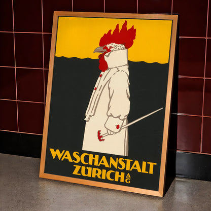 Farbstarkes Vintage Kunstposter in Schwarz Gelb und Weiß mit Hahn Motiv.