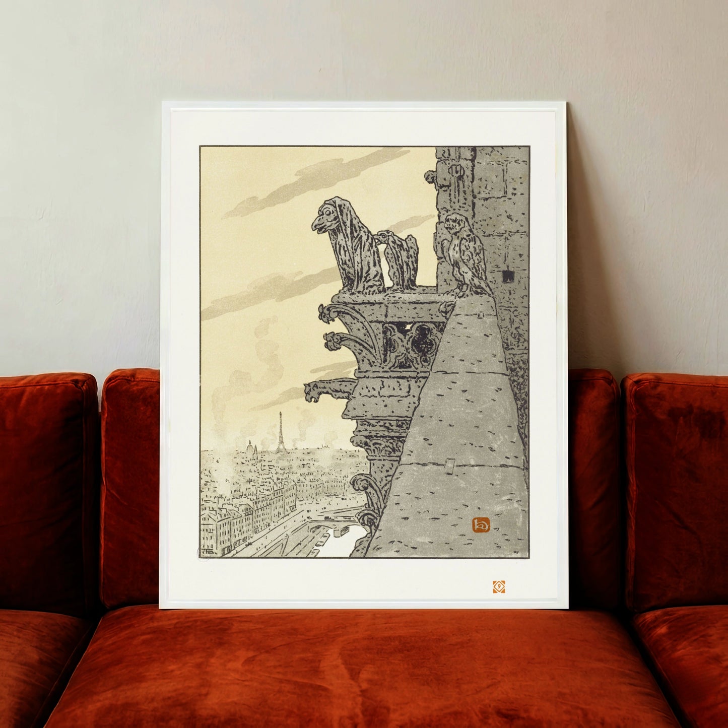 Historische Lithografie von Henri Rivière zeigt Notre-Dame Chimären und den Eiffelturm im Hintergrund.