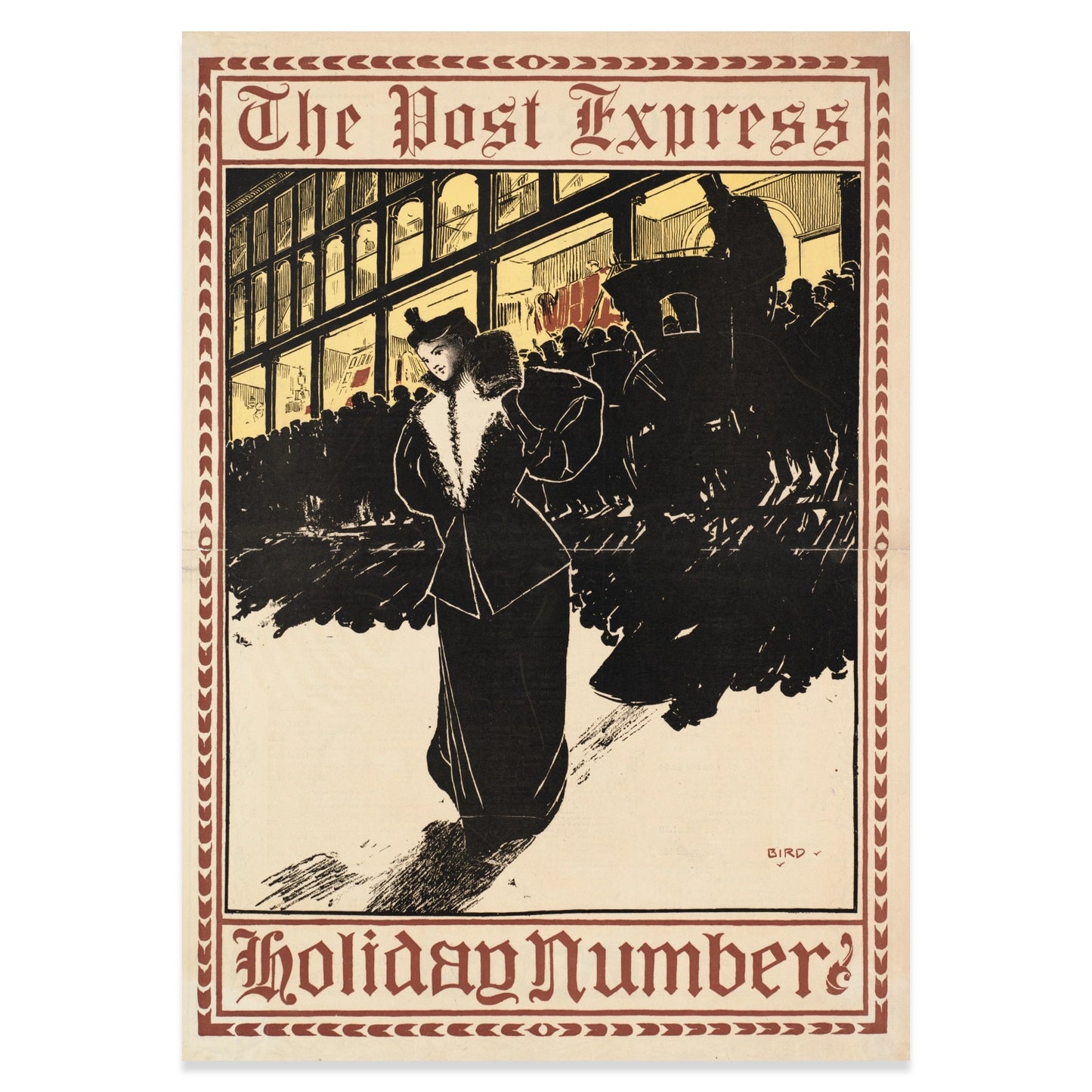 Retro Zeitungs-Cover Poster 'Holiday Number' mit dekorativem rotem Rahmen.