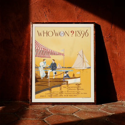 Vintage Poster mit dem Titel Who Won 1896 zeigt ein elegantes Paar am Steg und Segelschiffe.