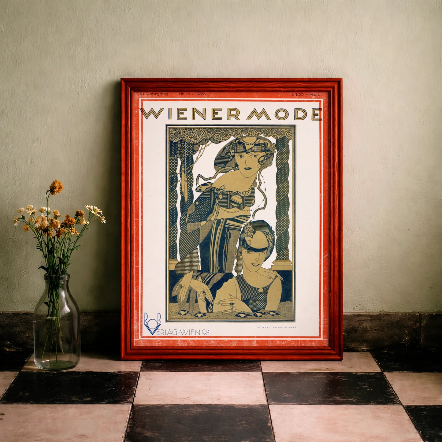 Wiener Mode Plakat von 1928 gestaltet von Julius Klinger mit stilisierten Frauenfiguren.