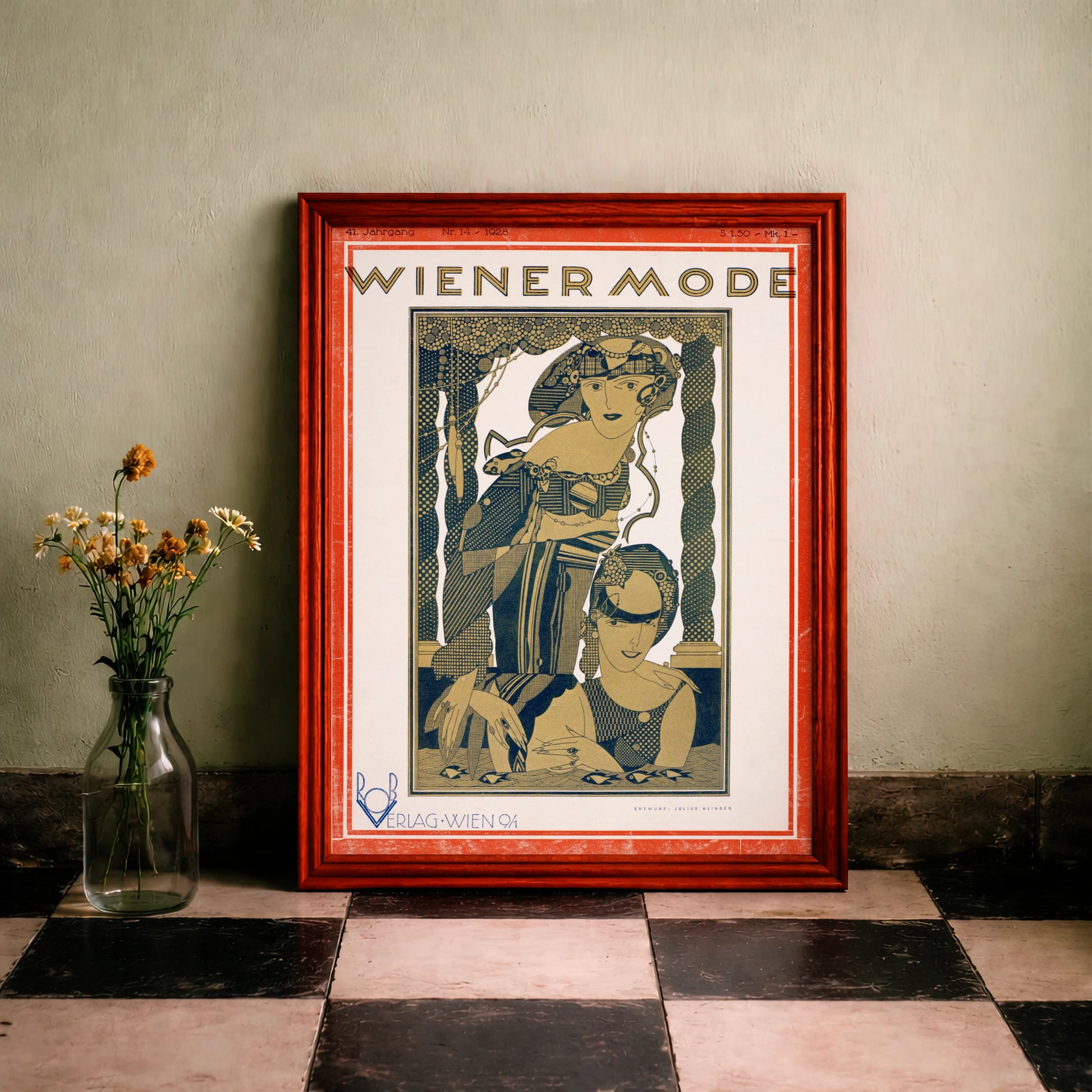 Wiener Mode Plakat von 1928 gestaltet von Julius Klinger mit stilisierten Frauenfiguren.