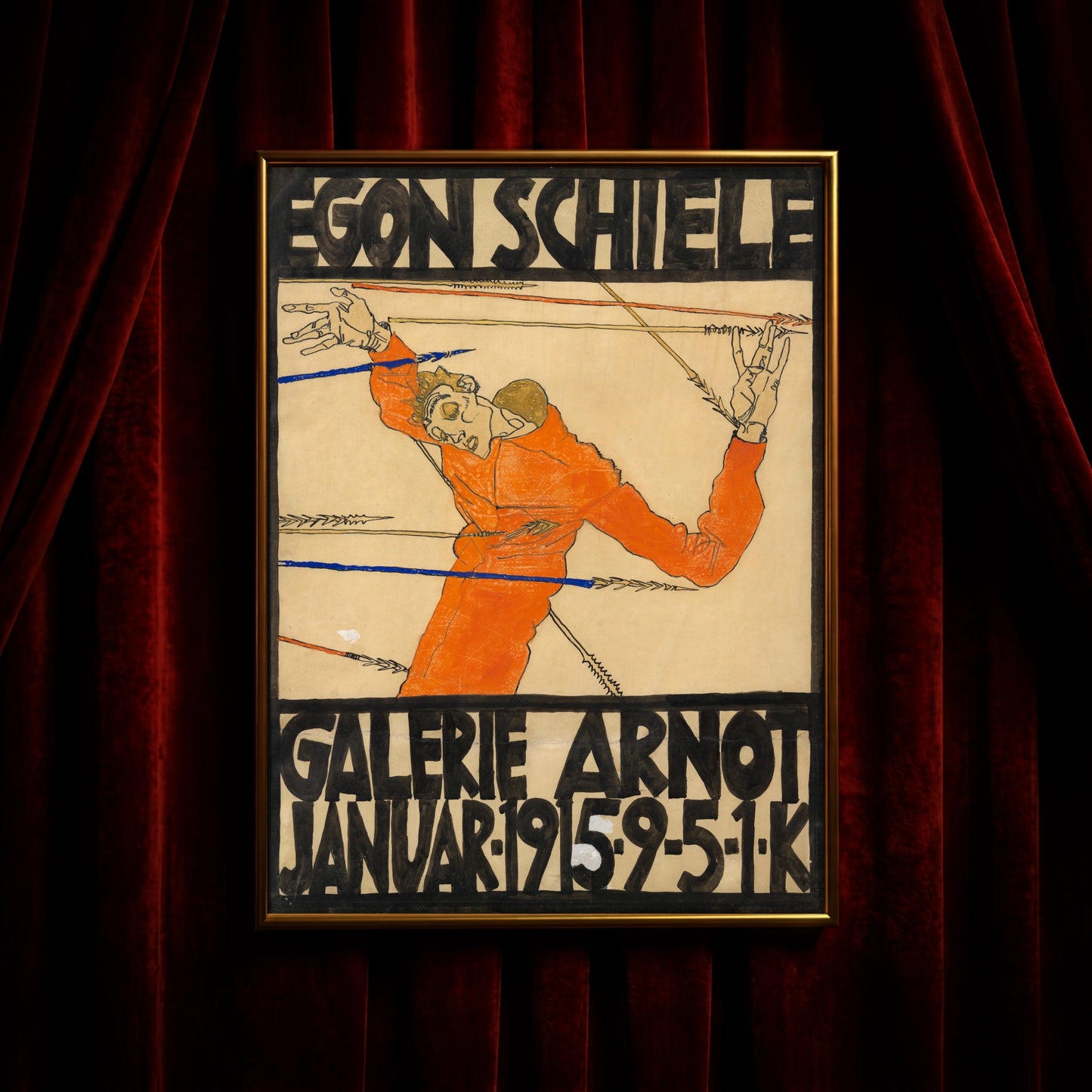 Vintage-Kunstdruck Egon Schiele Plakat mit markanter schwarzer Typografie.