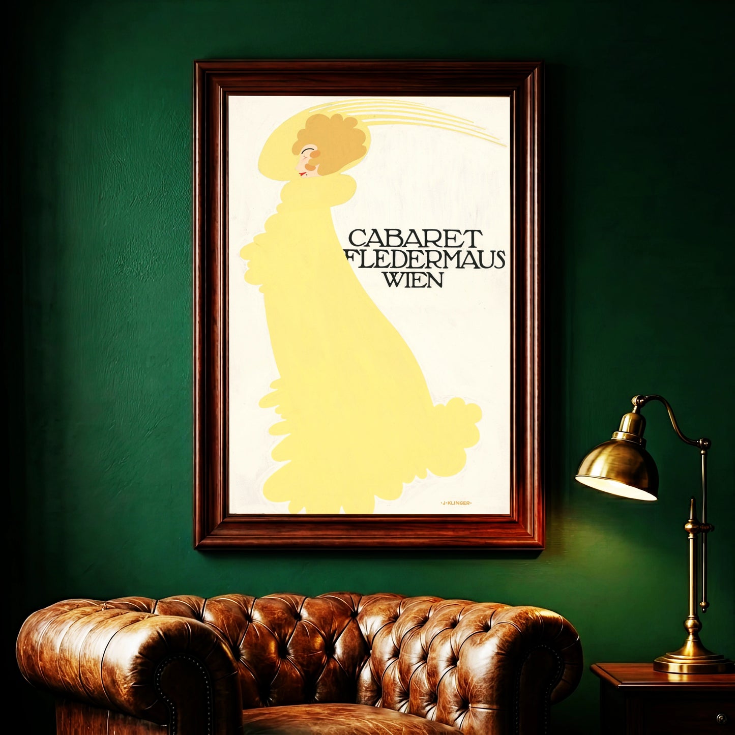 Vintage Kunstdruck Julius Klinger Cabaret Fledermaus stilisierte Grafik in Gelb.