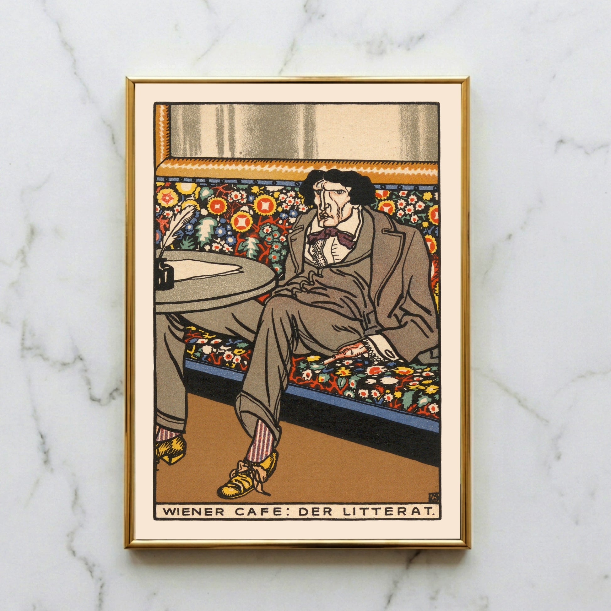 Moriz Jung Der Litterat Lithografie mit floralem Hintergrund.