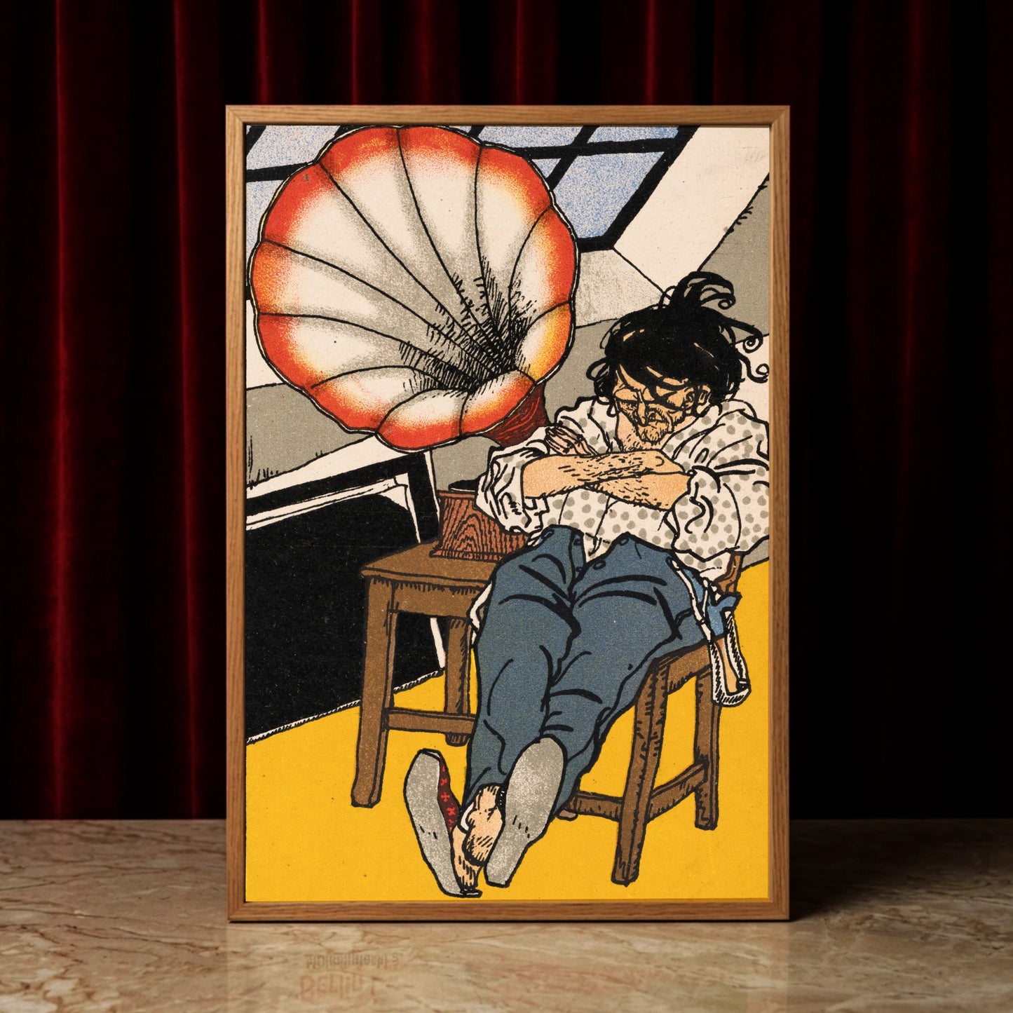 Grafik im Stil der Wiener Werkstätte mit einem orangefarbenen Grammophon-Trichter.