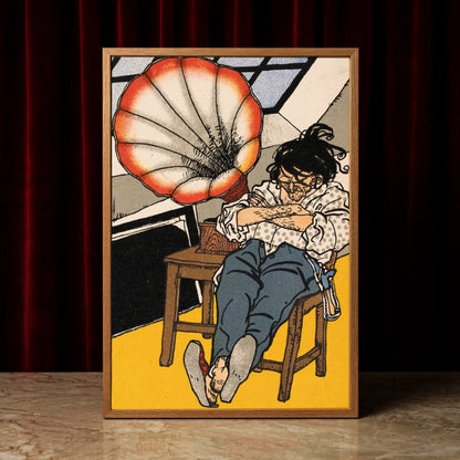 Grafik im Stil der Wiener Werkstätte mit einem orangefarbenen Grammophon-Trichter.