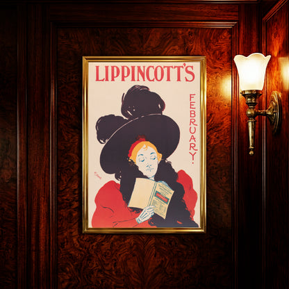 Illustration einer Frau mit großem schwarzem Federhut und roter Kleidung, die ein Magazin liest.