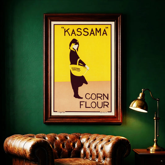 William Nicholson Kunstdruck Kassama Corn Flour in kontrastreichen Gelb- und Schwarztönen.