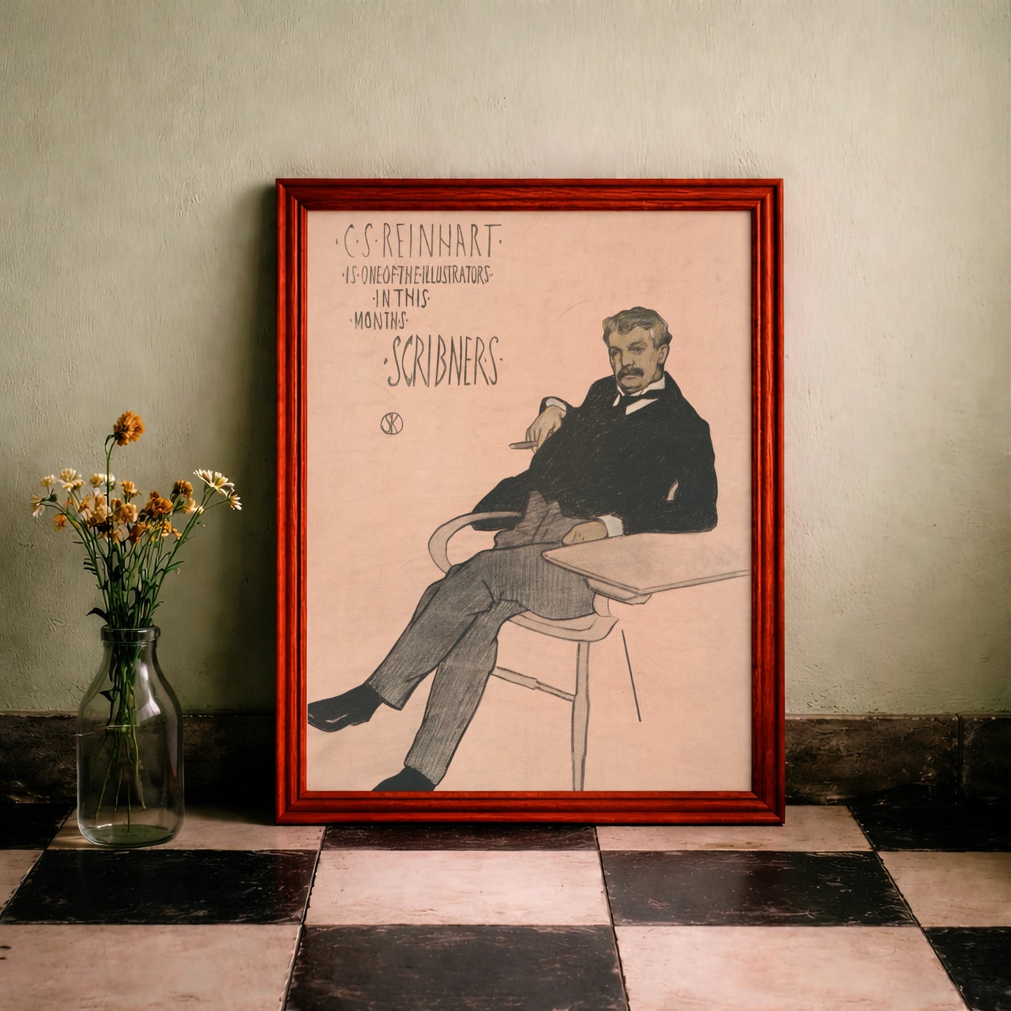 Minimalistisches Porträt auf lachsfarbenem Hintergrund im Stil des Art Nouveau.