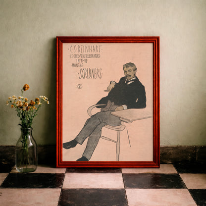 Minimalistisches Porträt auf lachsfarbenem Hintergrund im Stil des Art Nouveau.