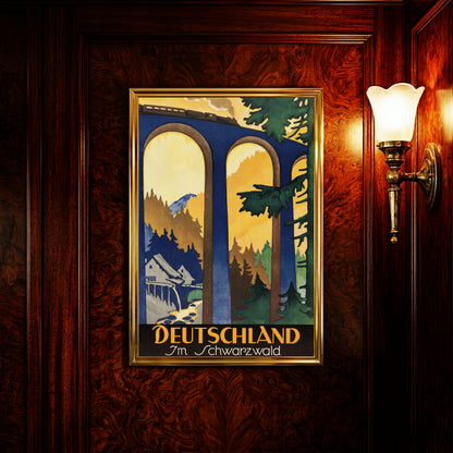 Vintage Reiseplakat Deutschland im Schwarzwald von 1925 mit hohem blauen Viadukt und dampfendem Zug.