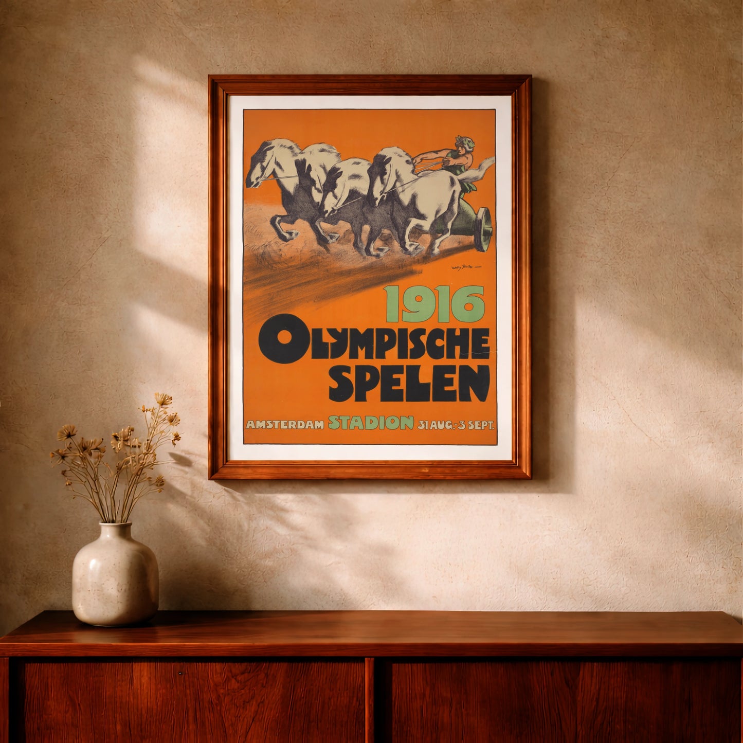 Werbeplakat für die Olympischen Spiele 1916 in Amsterdam mit markanter Typografie.