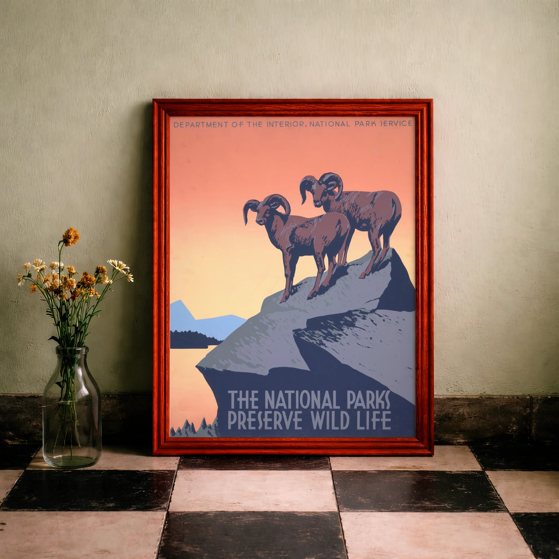 Grafisches Plakat des US Department of the Interior aus dem Jahr 1936 mit Berglandschaft.